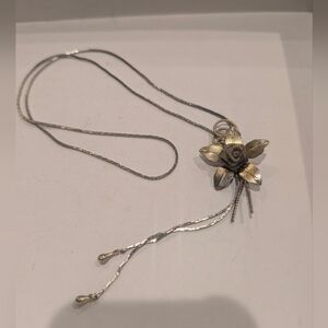 Golden Floral Lariat Necklace with Rose Detail